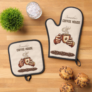 Vintage Coffee Cup Custom Cafe Brand Oven Mitt & Pot Holder Set