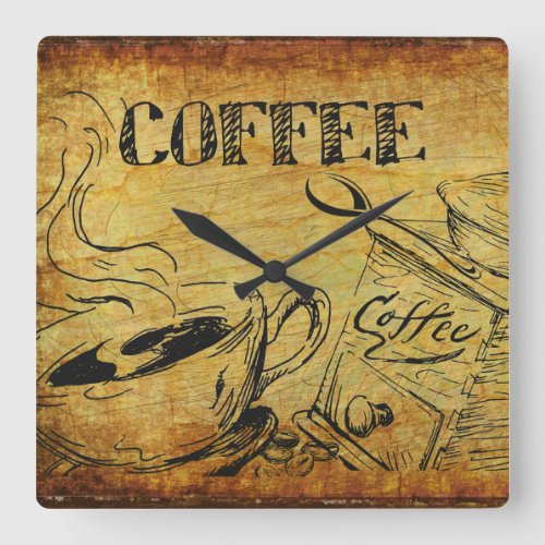 Vintage Coffee Cup Old Fashioned Coffee Grinder Square Wall Clock