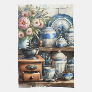 Vintage Coffee Cup Pot Plate Blue  Kitchen Towel