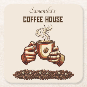 Vintage Coffee Cup Terracotta Cafe Branding Square Paper Coaster