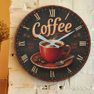 Vintage Coffee Good Ideas Start Here Rustic Large Clock