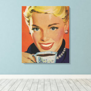 Vintage Coffee, Happy Woman with Retro Coffee Cup Canvas Print