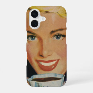 Vintage Coffee, Happy Woman with Retro Coffee Cup iPhone 16 Case