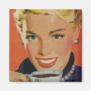Vintage Coffee, Happy Woman with Retro Coffee Cup Magnet
