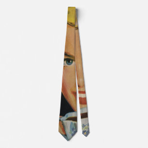 Vintage Coffee, Happy Woman with Retro Coffee Cup Neck Tie