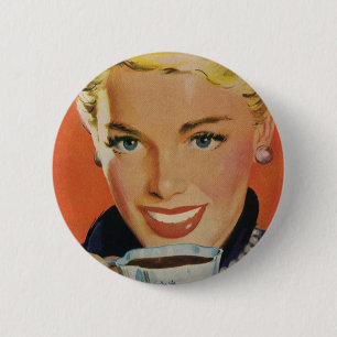 Vintage Coffee, Happy Woman with Retro Coffee Cup Pinback Button