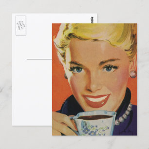 Vintage Coffee, Happy Woman with Retro Coffee Cup Postcard