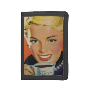 Vintage Coffee, Happy Woman with Retro Coffee Cup Tri-fold Wallet