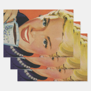 Vintage Coffee, Happy Woman with Retro Coffee Cup Wrapping Paper Sheets