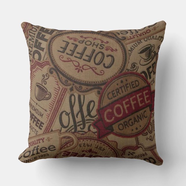 Vintage Coffee Labels Collage Throw Pillow (Front)