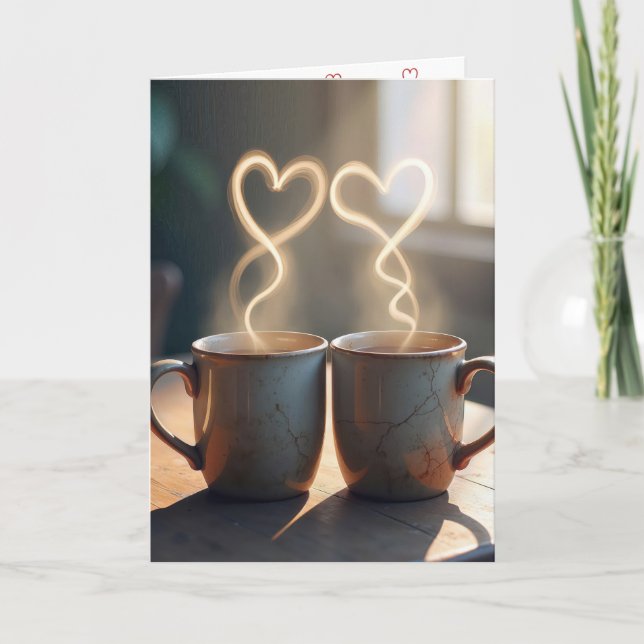 Vintage Coffee Mugs With Steamy Hearts Holiday Card (Front)