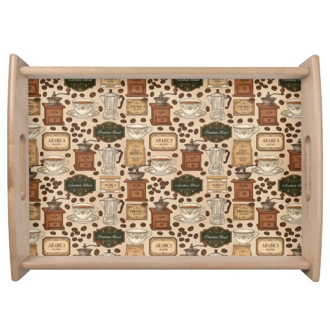 Vintage coffee pattern retro café style serving tray (Front)