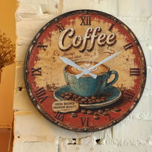 Vintage Coffee Rustic Latte Art  Large Clock