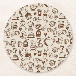 Vintage Coffee Shop Line Art Pattern Warm Beige Round Paper Coaster