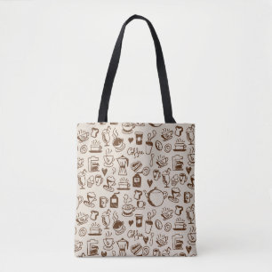 Vintage Coffee Shop Line Art Pattern Warm Beige Tote Bag
