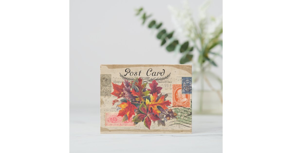 VINTAGE COLLAGE FALL LEAVES POSTCARD | Zazzle