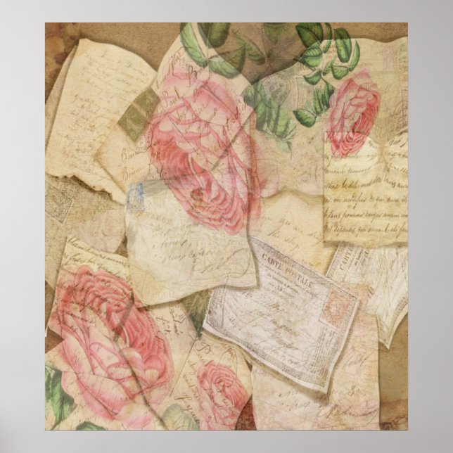 Vintage Collage, French Letters and Post Cards Poster (Front)
