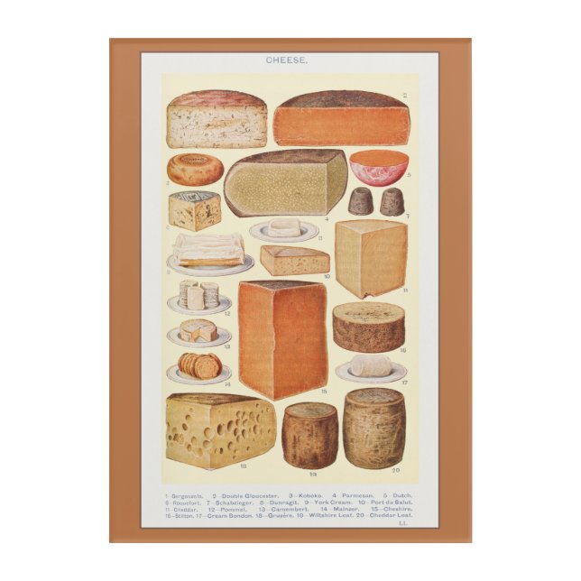 Vintage Collage of Household Cheeses, Beeton, 1923 Acrylic Print (Front)