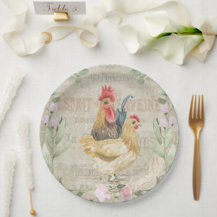 Vintage collage – roosters and flowers paper plates