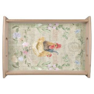 Vintage collage – roosters and flowers serving tray