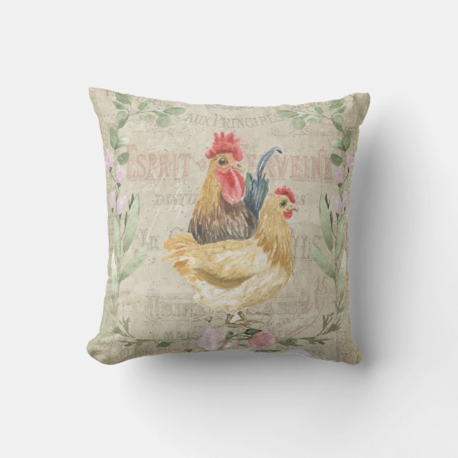 Vintage collage – roosters and flowers throw pillow (Front)