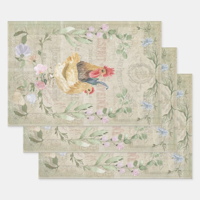 Vintage collage – roosters and flowers  wrapping paper sheets (Set)