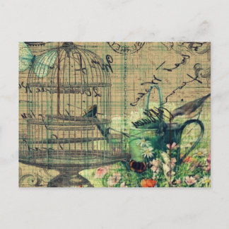 Vintage Collage w/Bird & Birdcage Garden Postcard