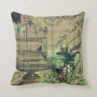 Vintage Collage w/Bird & Birdcage Garden Throw Pillow