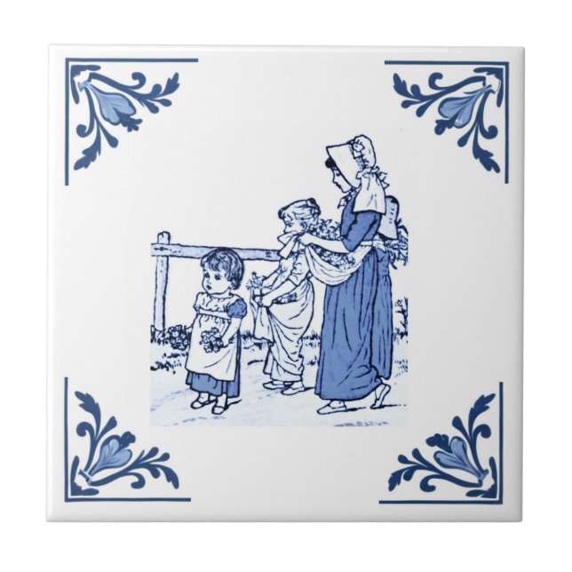 Vintage Collecting Flowers Delft Blue & White Ceramic Tile (Front)