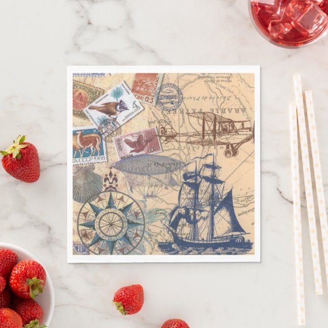 Vintage Collection of Stamps, Sailboat, Paper Napkins (Insitu)