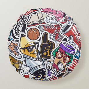 Vintage college colorful seamless pattern with fan round pillow