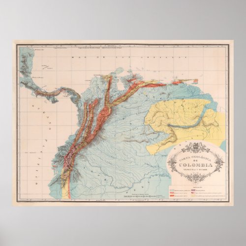 Vintage Colombia Geology Map 1890 Poster