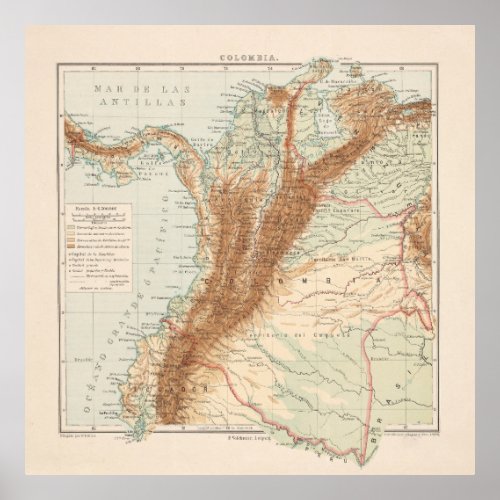 Vintage Colombia Map 1875 Poster