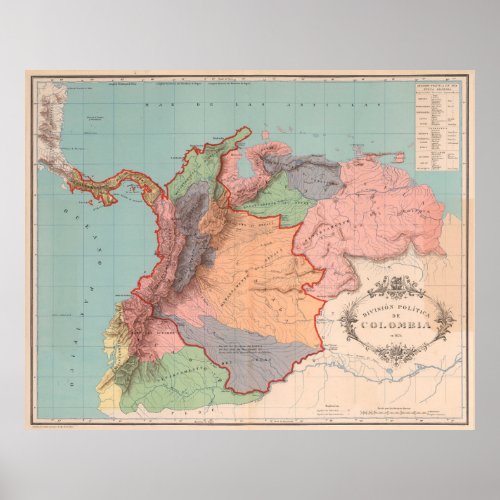 Vintage Colombia Map 1890 Poster