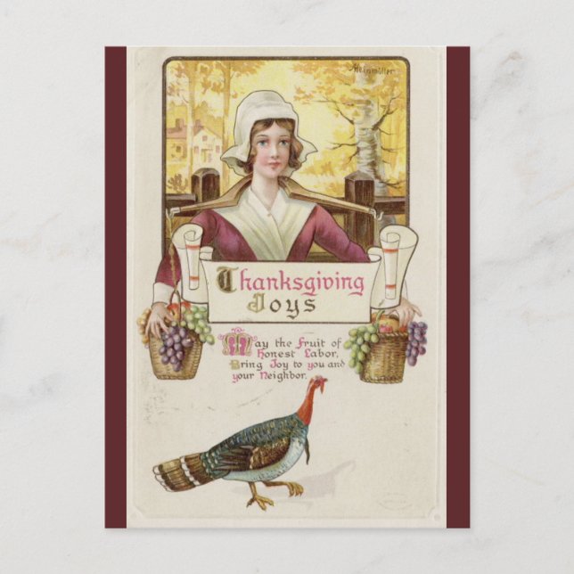 Vintage Colonial Woman and Turkey Thanksgiving Postcard (Front)