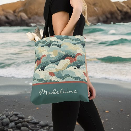 Vintage Color Japanese Inspired Waves and Monogram Tote Bag