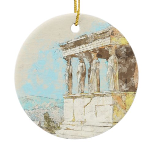 Vintage Color Sketch Athens Greece Ornament
