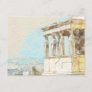 Vintage color sketch postcard of Athens greece