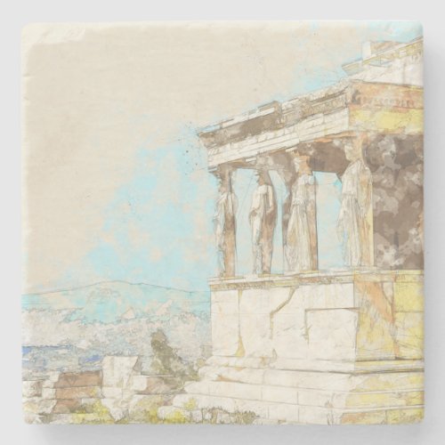 Vintage color sketch postcard of Athens greece Stone Coaster