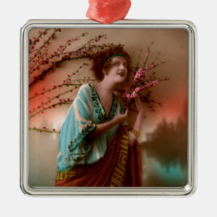 Vintage Color Tinted Postcard Beauty 1910s/1920s Metal Ornament
