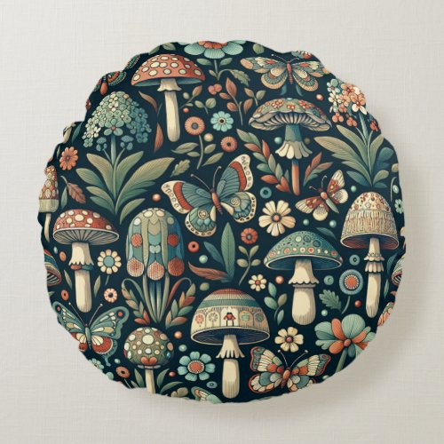 Vintage Colored Butterflies Mushrooms and Foliage Round Pillow