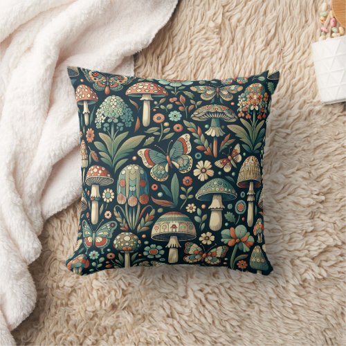 Vintage Colored Butterflies Mushrooms and Foliage Throw Pillow