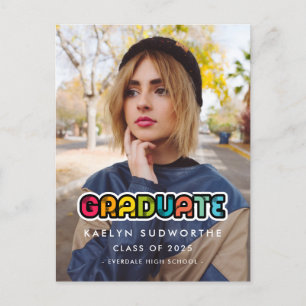 Vintage colorful 80s graduation photo announcement postcard