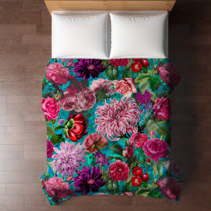 Vintage colorful aqua blue Floral Duvet Cover