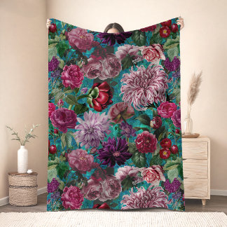 Vintage Colorful Aqua Blue Floral Fleece Blanket