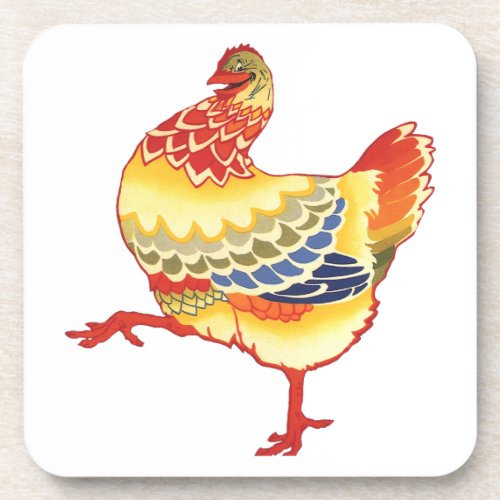 Vintage Colorful Barnyard Chicken from Farm Beverage Coaster