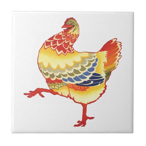 Vintage Colorful Barnyard Chicken from Farm Ceramic Tile