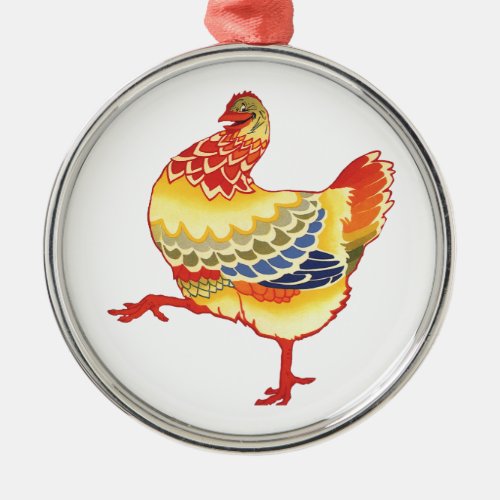 Vintage Colorful Barnyard Chicken from Farm Metal Ornament
