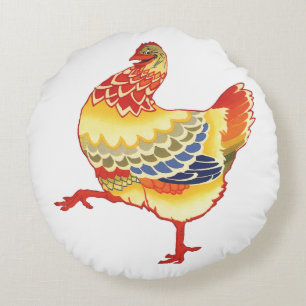 Vintage Colorful Barnyard Chicken from Farm Round Pillow