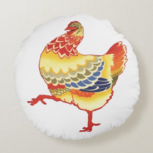 Vintage Colorful Barnyard Chicken from Farm Round Pillow